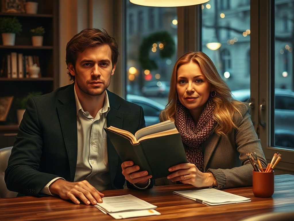 Два человека сидят за столом в кафе, читают книгу и работают над бумагами в уютной обстановке.